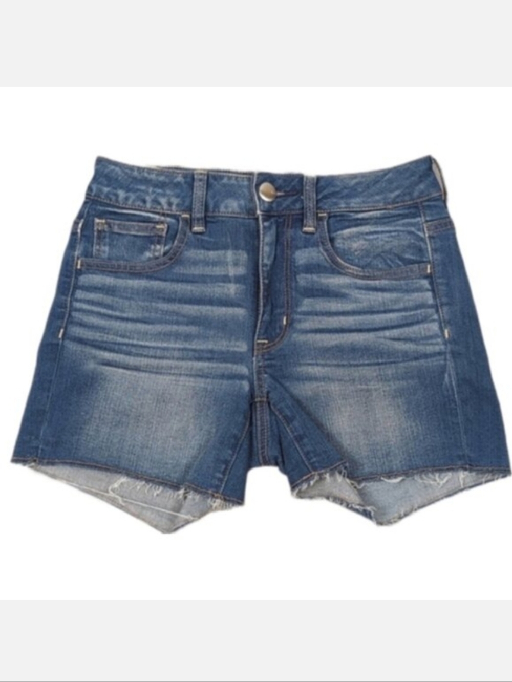 AEO Hi Rise Shortie Denim Shorts High Waisted Size 2 Raw Hem Cut Off Blue Jean